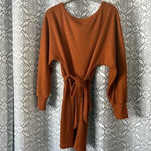 Tie-Front Ribbed Knit Dress in Burnt Orange